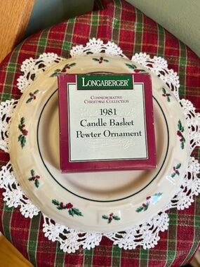 Longaberger Pottery Candle Plate “Holly Berry”, and Pewter Ornament. Made in US